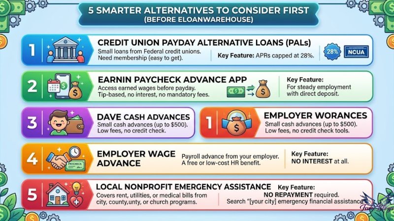 Infographic of 5 Smarter Financial Alternatives to eLoanWarehouse Payday Loans