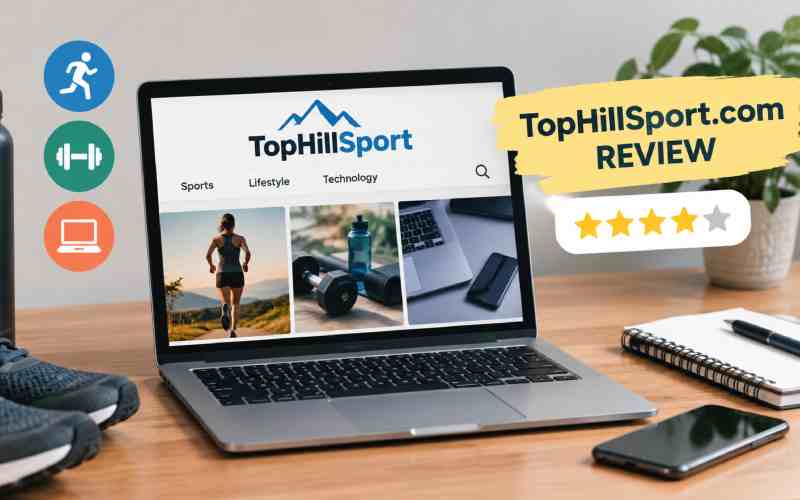TopHillSport.com review displayed on a laptop with sports and lifestyle items.
