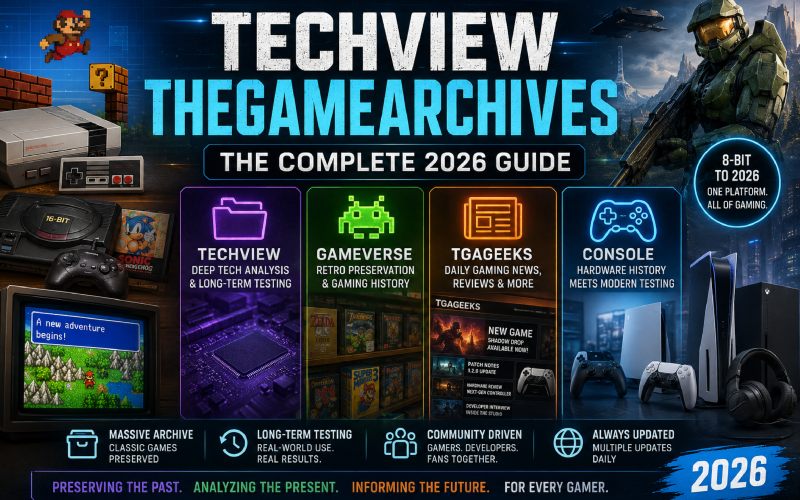 Promotional gaming thumbnail for TechView TheGameArchives showing retro consoles, pixel art, modern gaming hardware, and sci-fi imagery arranged around bold title text highlighting TechView, Gameverse, TGAGeeks, and Console sections.