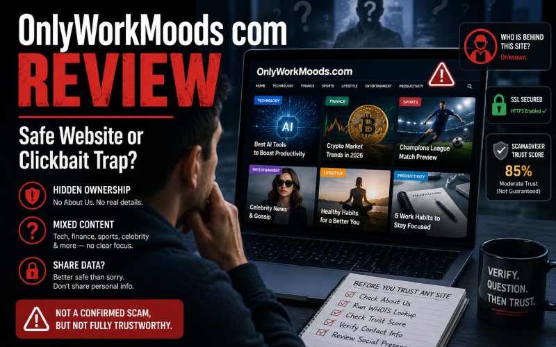 Person reviewing OnlyWorkMoods com on a laptop with warning icons and trust concerns highlighted.