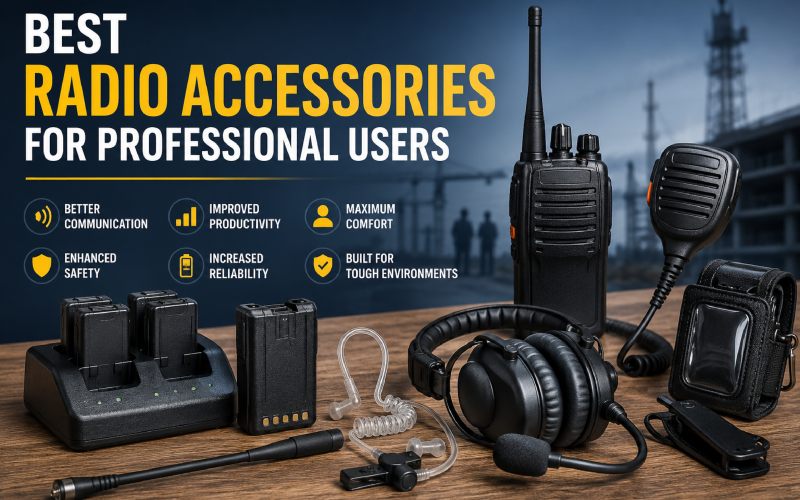 Professional radio accessories including two-way radio, headset, microphone, batteries, and charger on a worksite background.