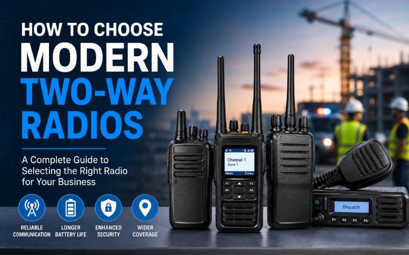 Modern two-way radios displayed with communication, battery, security, and coverage icons for business communication.