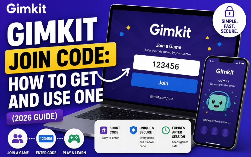 Gimkit join code guide showing a laptop and phone screen with steps to join a live Gimkit game session.