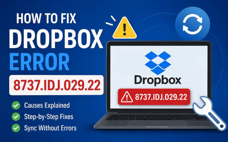 Featured image showing a Dropbox error fix guide with a laptop displaying a sync warning and code 8737.idj.029.22.