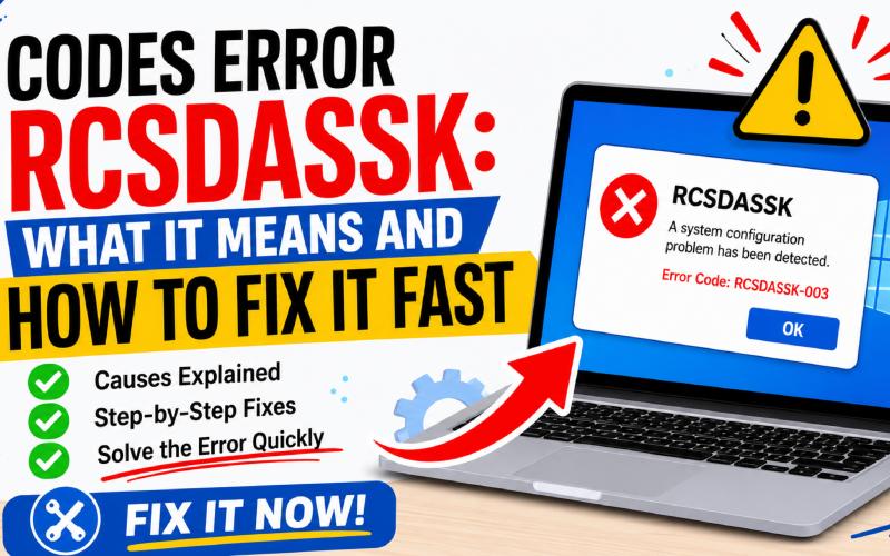 Illustration of a laptop displaying the RCSDASSK error code with a warning icon and text about fixing the issue quickly.