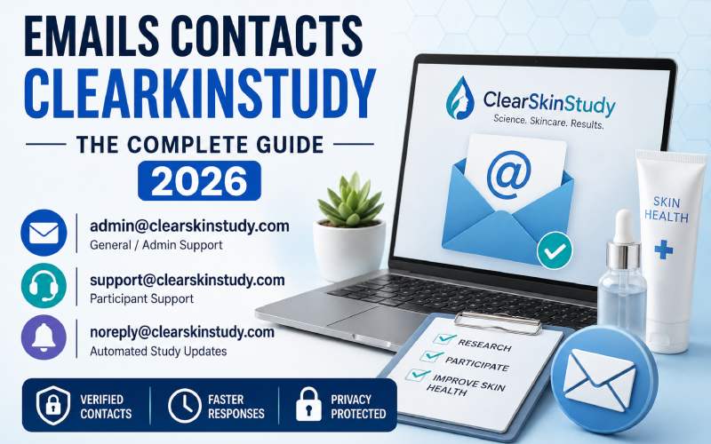 ClearSkinStudy email contacts guide with support email icons and skincare research illustration.