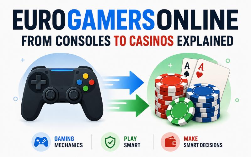Gaming controller transitioning into casino chips and cards with “EuroGamersOnline: From Consoles to Casinos Explained” title.