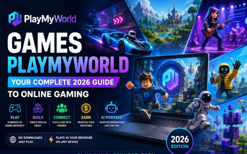 PlayMyWorld browser gaming platform featuring racing, adventure, social, and creator tools in a vibrant 2026-themed illustration.