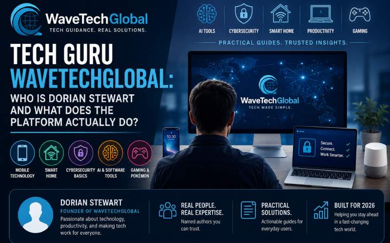 Tech Guru WaveTechGlobal featured image showing Dorian Stewart, AI tools, cybersecurity, smart home technology, and digital productivity topics.