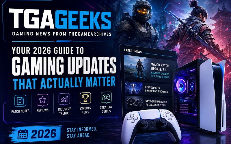 Featured image showing TGAGeeks gaming news with futuristic gamers, a gaming PC, console controller, and highlights of gaming updates, reviews, esports, and industry trends.