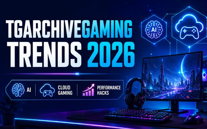 Futuristic gaming setup highlighting TGArchiveGaming Trends 2026 with AI, cloud gaming, and performance optimization concepts.