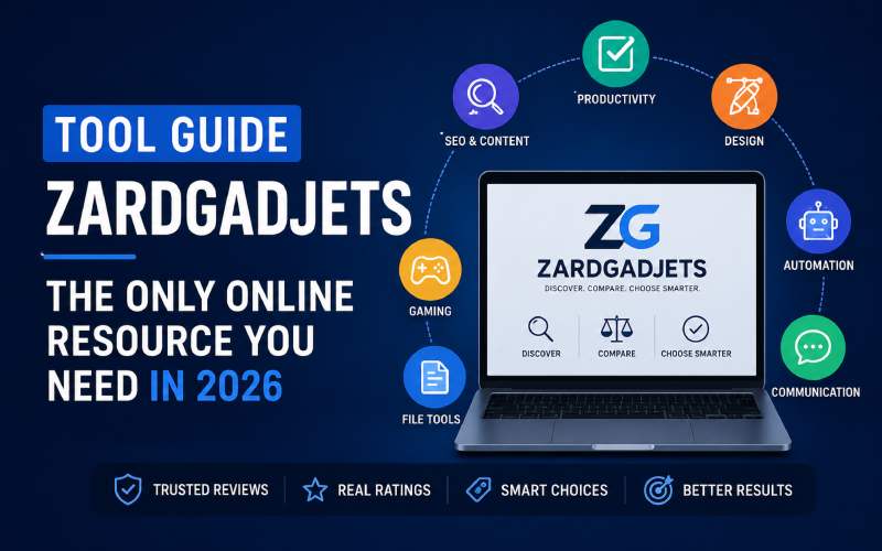 Tool Guide ZardGadjets 2026 featured image showing a laptop surrounded by digital tool categories like productivity, SEO, design, and automation.