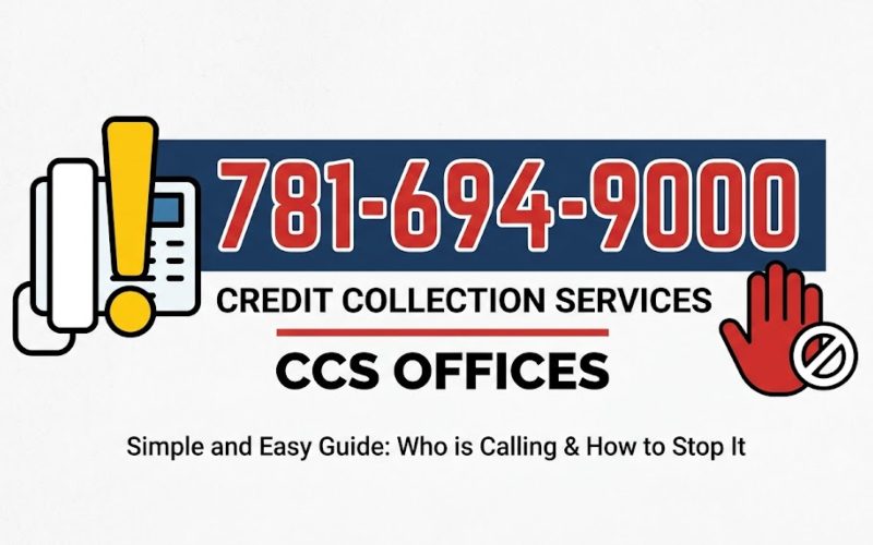 Bold graphic with phone number 781-694-9000, "Credit Collection Services," and "CCS Offices" with icons.