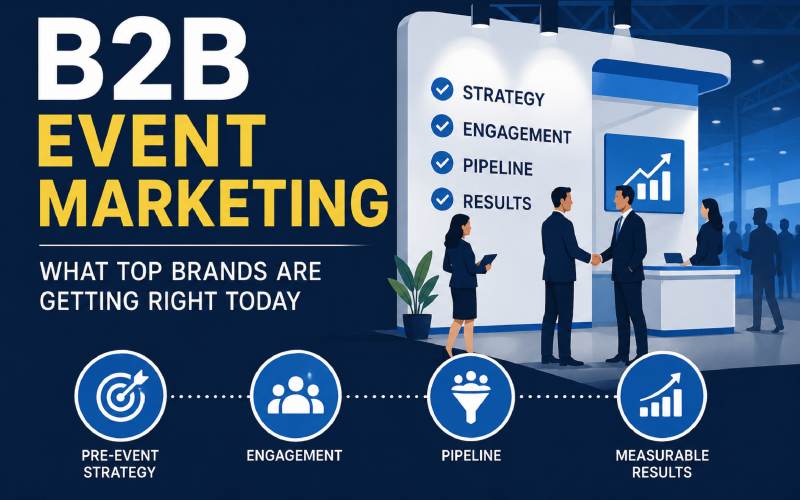 B2B professionals networking at a trade show booth with icons representing strategy, engagement, pipeline, and measurable event marketing results.