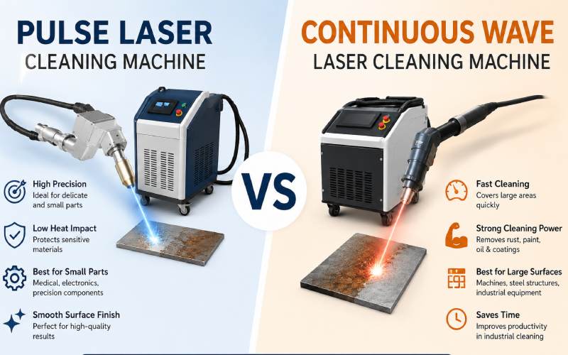 Comparison of pulse laser cleaning machine and continuous wave laser cleaning machine for industrial surface cleaning.