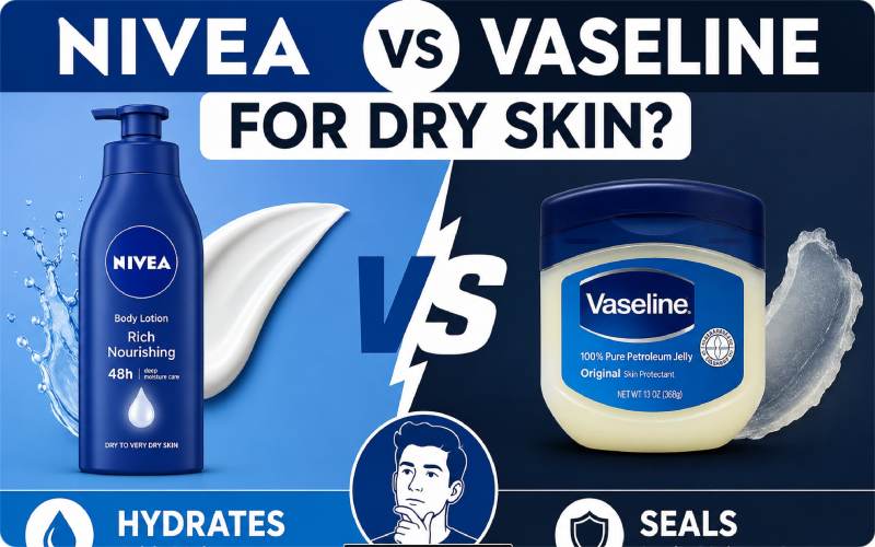 Nivea body lotion vs Vaseline petroleum jelly comparison for dry skin with hydration and moisture sealing icons.