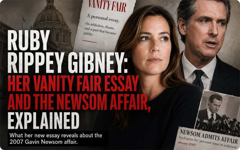 Ruby Rippey Gibney featured alongside Gavin Newsom with a Vanity Fair essay graphic highlighting the renewed attention on their 2007 affair.