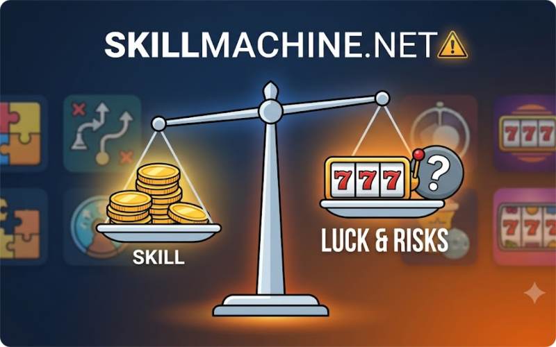 A balanced scale labeled 'Skillmachine.net' weighing 'SKILL' coins against 'LUCK &
