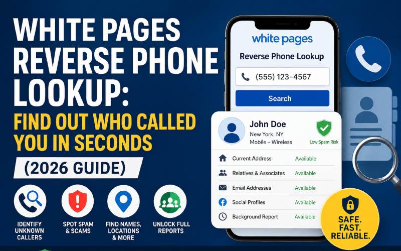 White Pages reverse phone lookup displayed on a smartphone screen with caller details and spam protection icons.