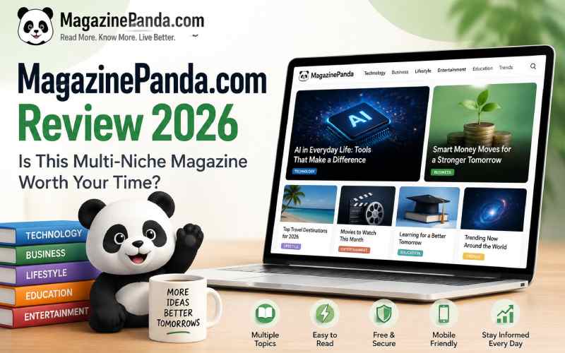 MagazinePanda.com Review 2026 featured image showing a multi-niche online magazine on a laptop with technology, business, lifestyle, entertainment, education, and trending news categories.
