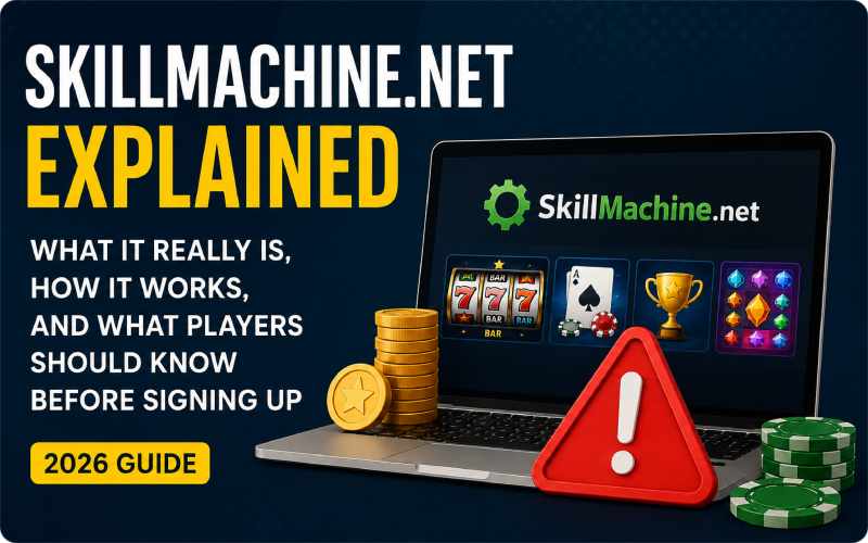 SkillMachine.net explained with gaming icons and a warning symbol highlighting transparency concerns.