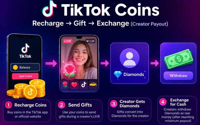 TikTok coins recharge, gifts, diamonds, and cash withdrawal process