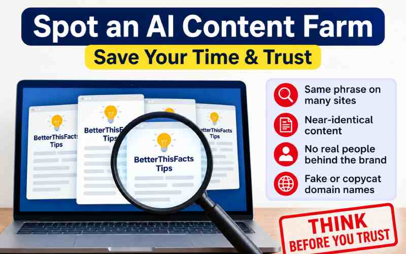 AI content farm with duplicate articles on multiple websites.