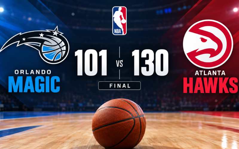 Orlando Magic vs Atlanta Hawks final score graphic showing 101–130.