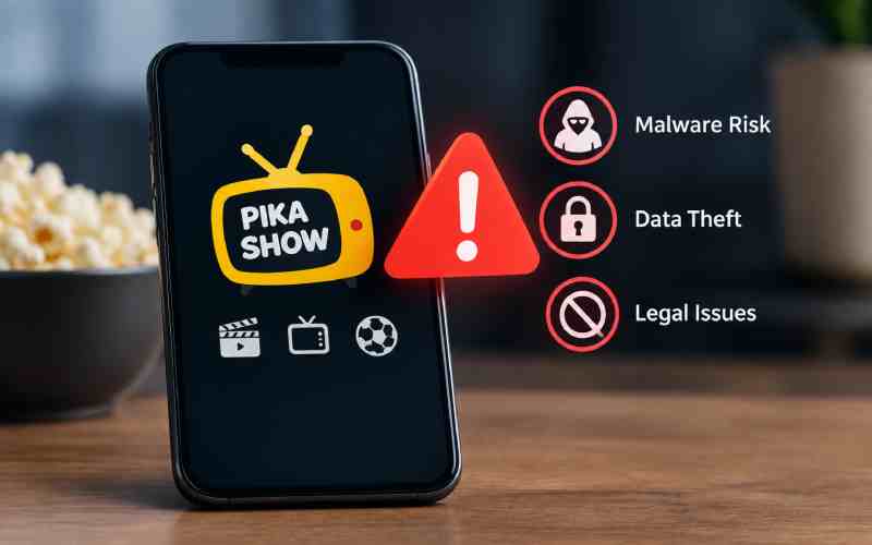 Smartphone showing Pikashow with warnings about malware, data theft, and legal risks.